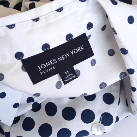 Jones New York White Navy Blue Polka Dot Mid-Century Modern 3/4 Sleeve Top P/S - Picture 2 of 12